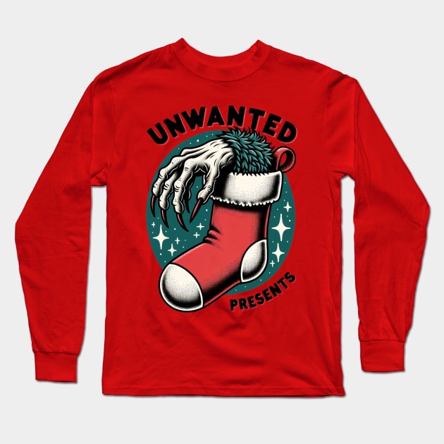 Funny Christmas Monster Hand T-Shirt - 'Unwanted Presents' Spooky Holiday Long Sleeve T-Shirt by Afternoon Leisure